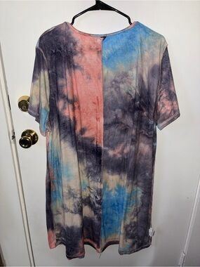 SHEIN Tie-Dye Short Sleeve Dress in Coral, Blue, and Gray